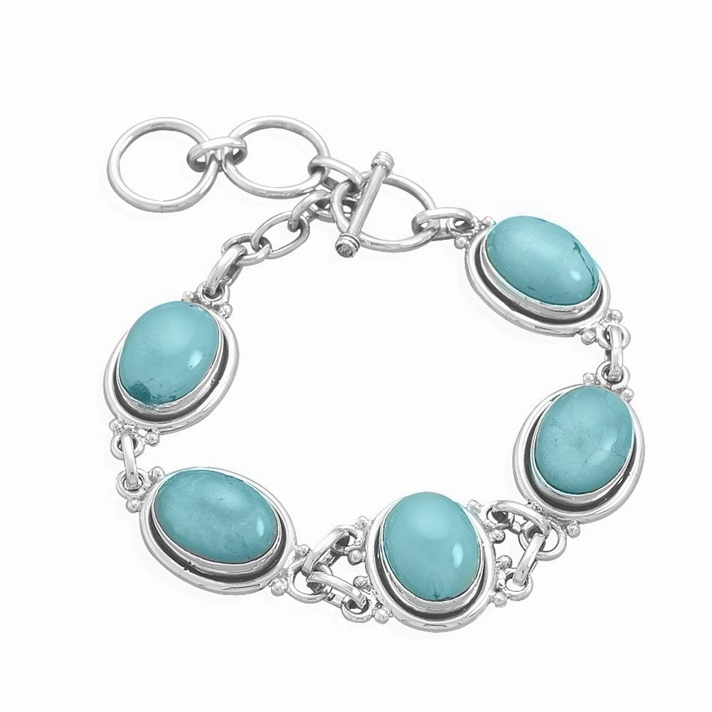 Reconstituted Turquoise Bracelet Oval 5-stone Sterling Silver Toggle Statement Adjustable Length Everyday Essential Adventure Sight