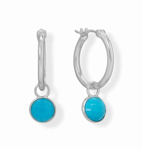 Reconstituted Turquoise Dangle Hoop Earrings Rhodium on Sterling Silver Shiny Aesthetic