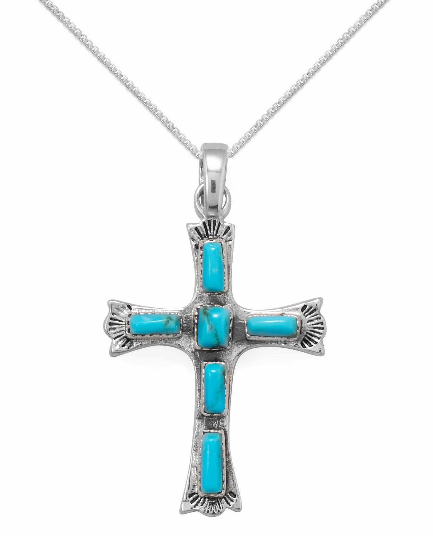 Cool Highlight Reconstituted Turquoise Fleuree Cross Necklace Sterling Silver with Rope Chain