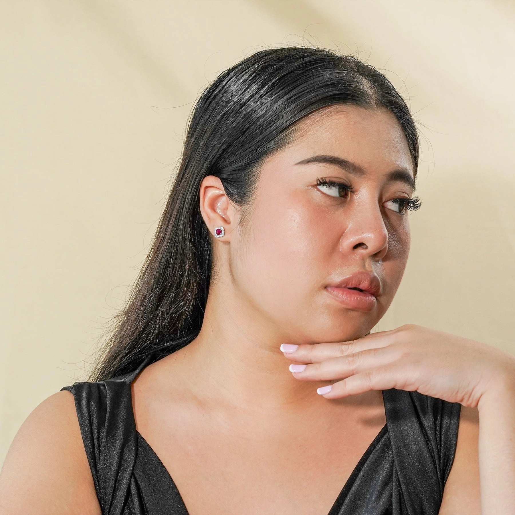 Cute Jewelry 1 carat Beautiful Flower Halo Round Shaped - Ruby - July Birthstone Stud Earrings in 18K White Gold over Silver