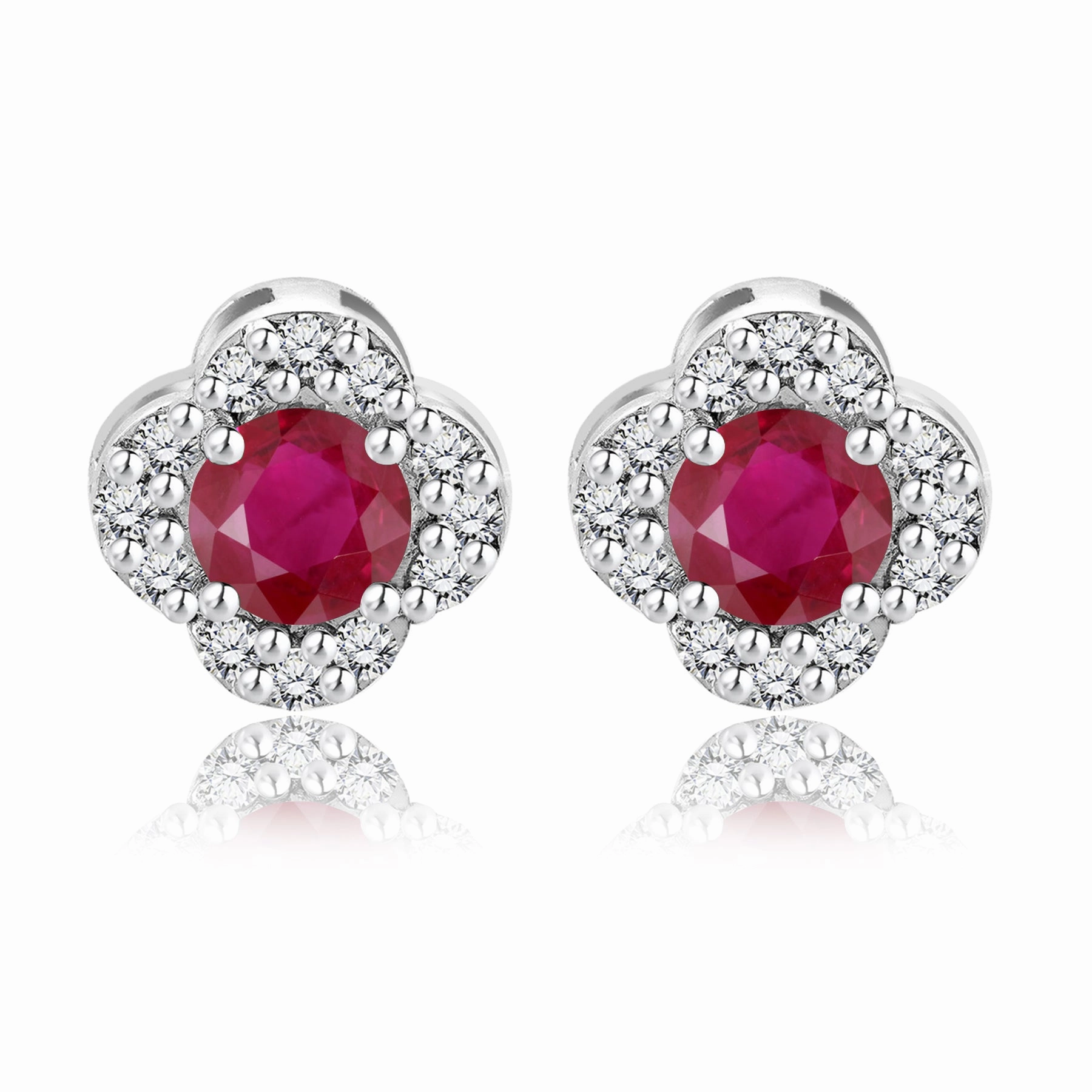 1 carat Beautiful Flower Halo Round Shaped - Ruby - July Birthstone Stud Earrings in 18K White Gold over Silver Classic Trinket Stylish piece