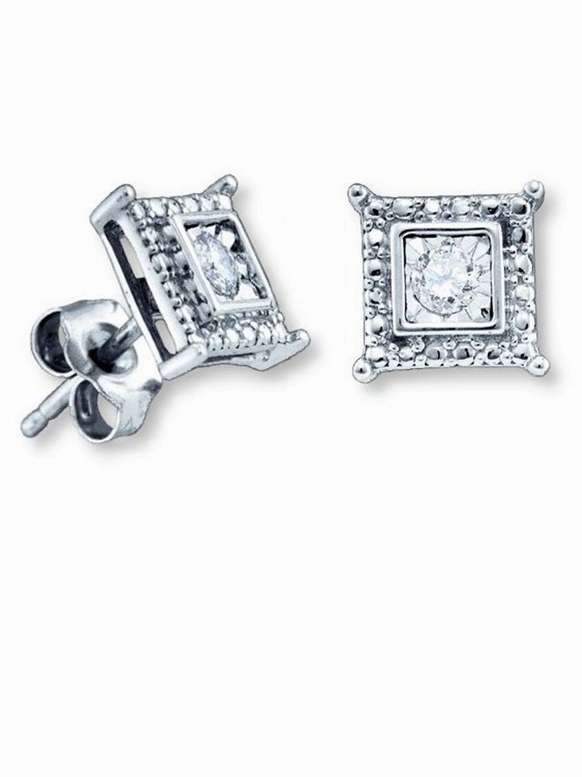 Diamond Stud Earrings 1/20 ctw Square Shape Rhodium on Sterling Silver Sophisticated Selection