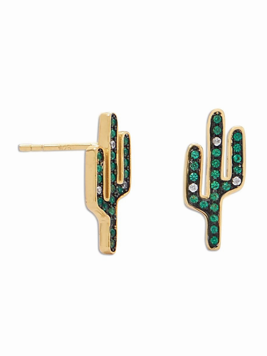 Saguaro Cactus Post Stud Earrings Gold-plated Sterling Silver Cubic Zirconia High-Quality Item Contemporary Finish