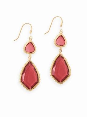 Petite Accent Magnificent Accent Red Color Glass Double Drop Shape Drop Earrings Gold-plated Sterling Silver