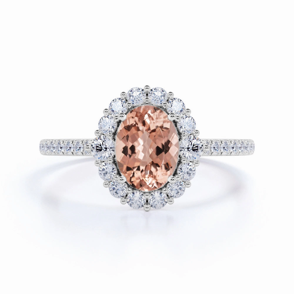 Anniversary Choice 1.50 ct Oval Morganite Halo Engagement Ring
