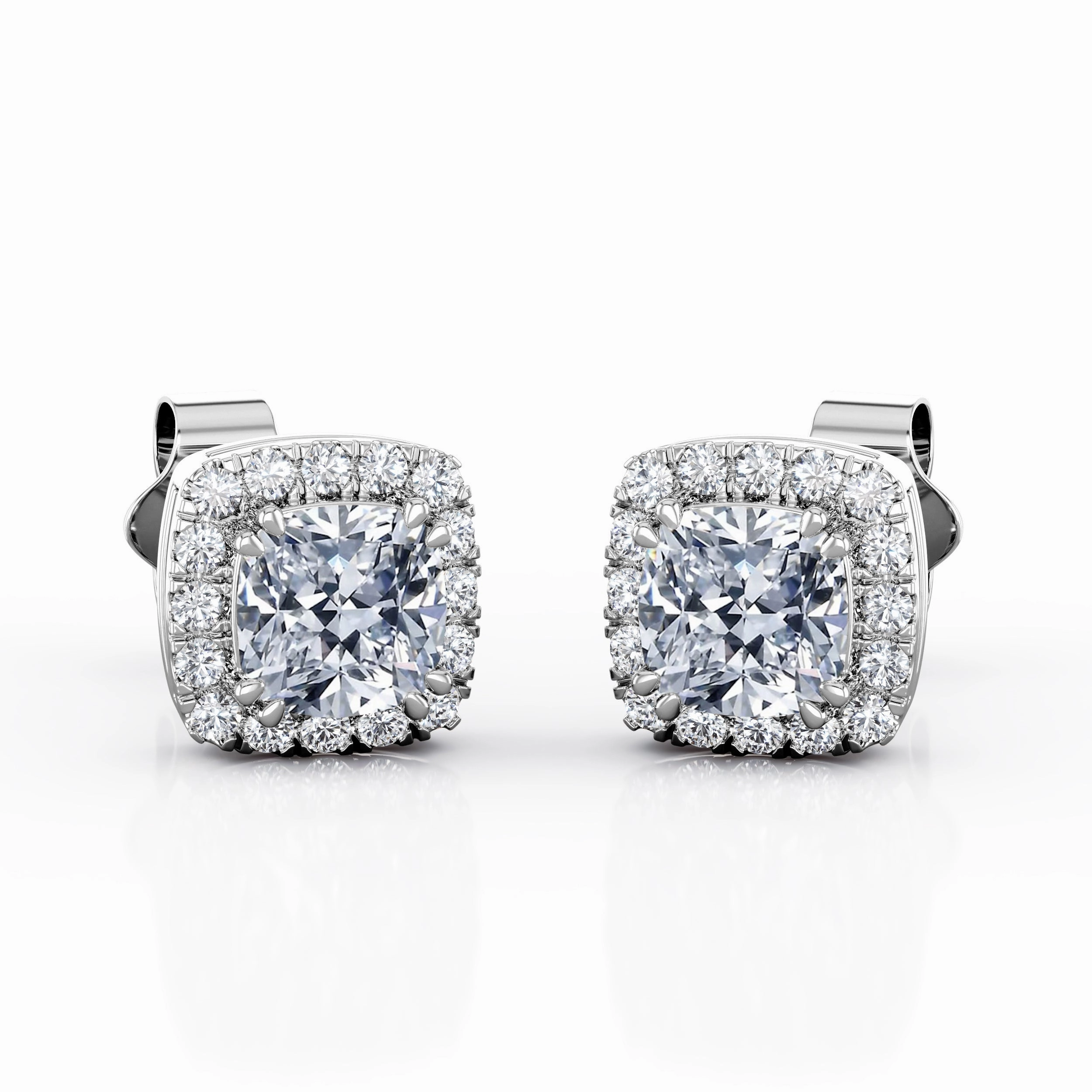 Double Prong 0.60 CT TDW Cushion Cut Diamond Micro Pave Halo Stud Earrings in White Gold Safe Detail Artistic Accent
