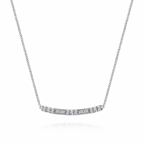 14K White Gold Round and Baguette Diamond Curved Bar Necklace Opulent Finish Fashion Jewelry Look