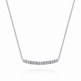 14K White Gold Round and Baguette Diamond Curved Bar Necklace Opulent Finish Fashion Jewelry Look