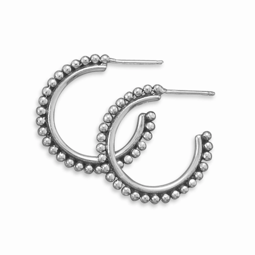 Evening Trinket Artistic Item Post Hoop Earrings Antiqued Beaded DesignSterling Silver