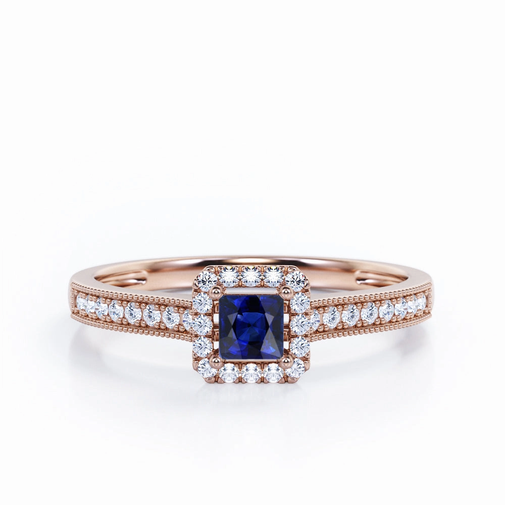 1.25 Ct Princess Cut Lab Sapphire Halo Engagement Ring Delicate Mark