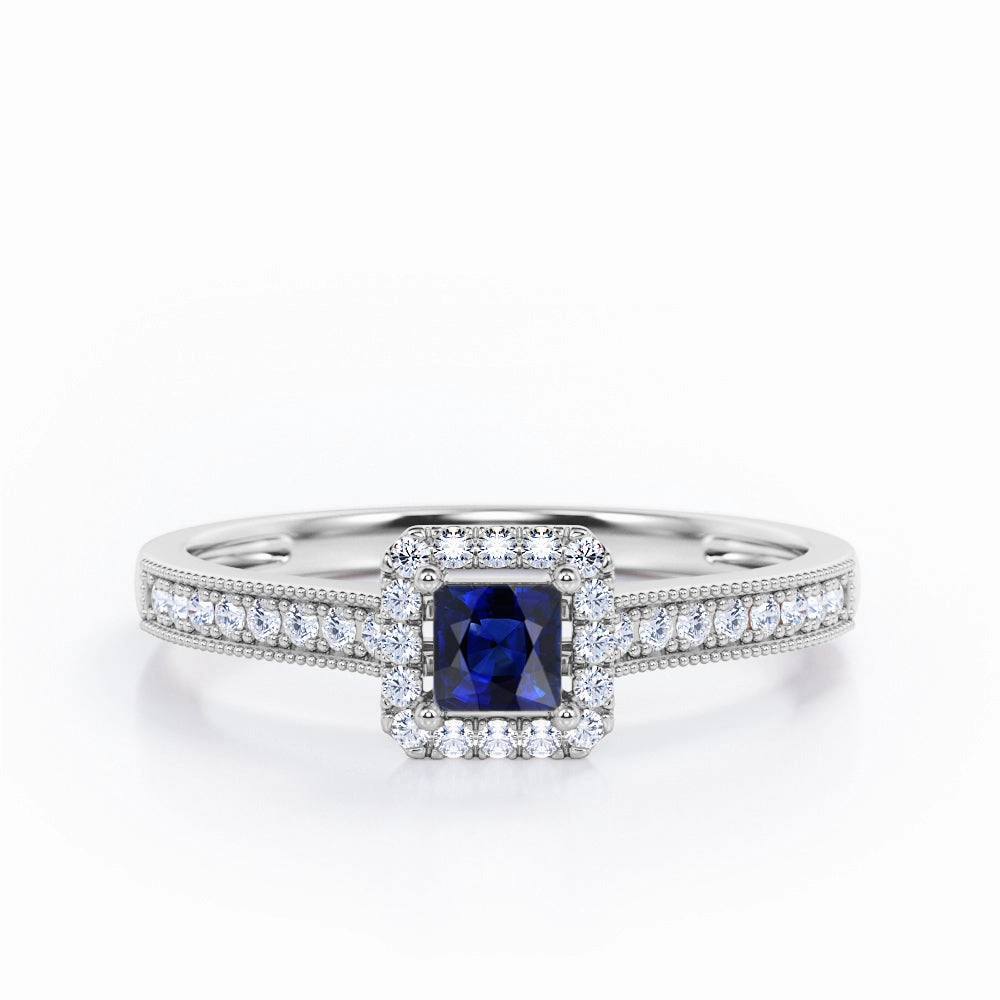 Traditional Ornament 1.25 Ct Princess Cut Lab Sapphire Halo Engagement Ring