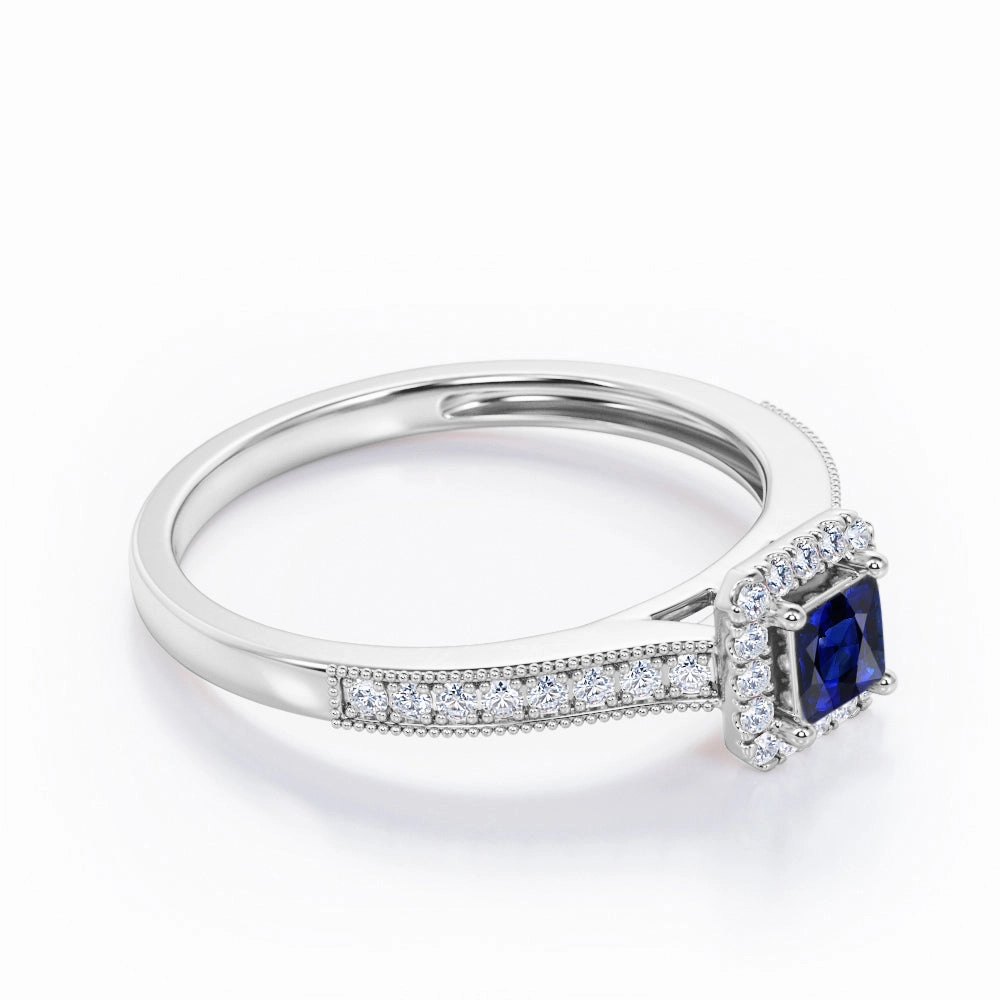 1.25 Ct Princess Cut Lab Sapphire Halo Engagement Ring Luxury Design Timeless Texture