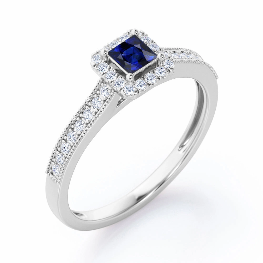 1.25 Ct Princess Cut Lab Sapphire Halo Engagement Ring Superior Appearance Fashionable Embellishment