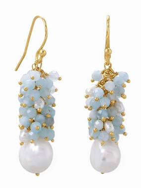 Aquamarine and Cultured Freshwater Pearl Bead Dangle Earrings Gold-plated Silver Round Trinket