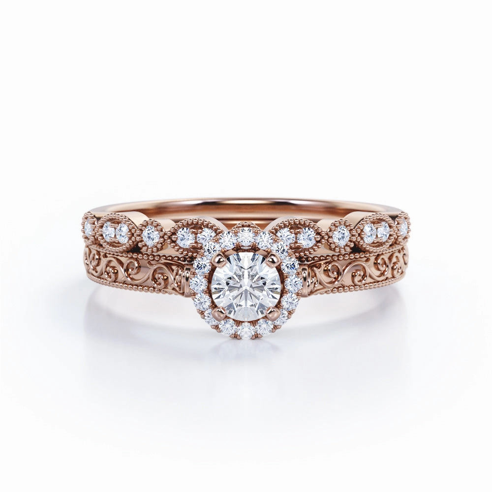 Custom Measurement 0.55 Carat Round Cut Diamond Halo Wedding Ring Set In White Gold