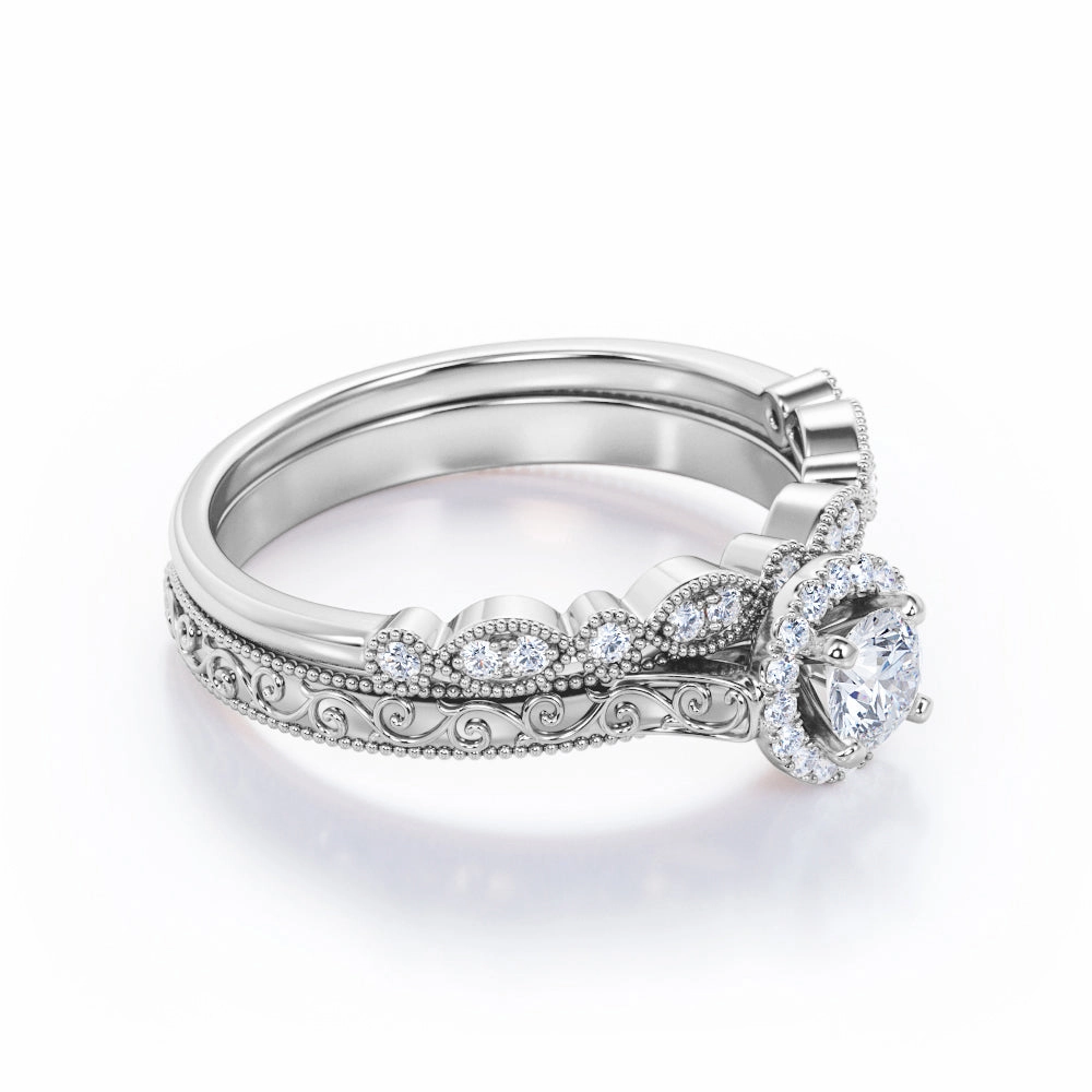 highly recommended Simple Texture 0.55 Carat Round Cut Diamond Halo Wedding Ring Set In White Gold