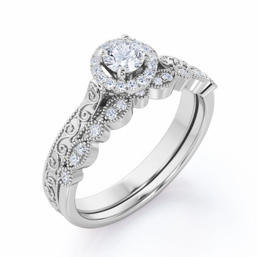 0.55 Carat Round Cut Diamond Halo Wedding Ring Set In White Gold Low key style Vintage Creation