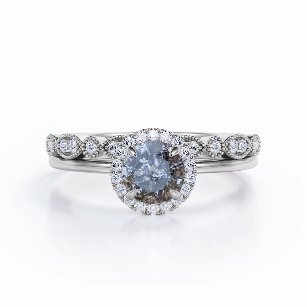 1 Ct Round Salt and Pepper Diamond Vintage Halo Wedding Ring Set Regional Style Minimal Simplicity