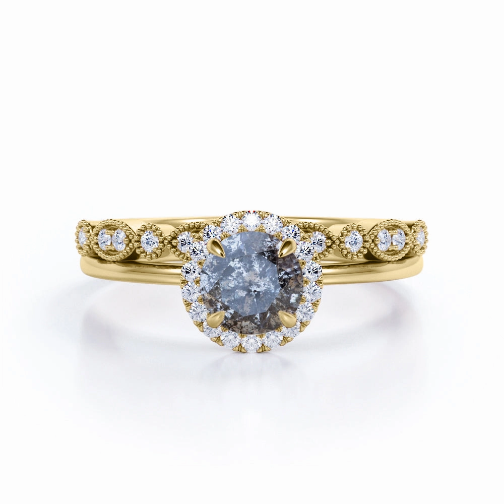 Lovely Appearance 1 Ct Round Salt and Pepper Diamond Vintage Halo Wedding Ring Set