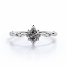 Unique .65 Carat Round Cut Natural Salt and Pepper Diamond Dainty Modern Engagement Ring in 18k White Gold over Silver Artistic Art