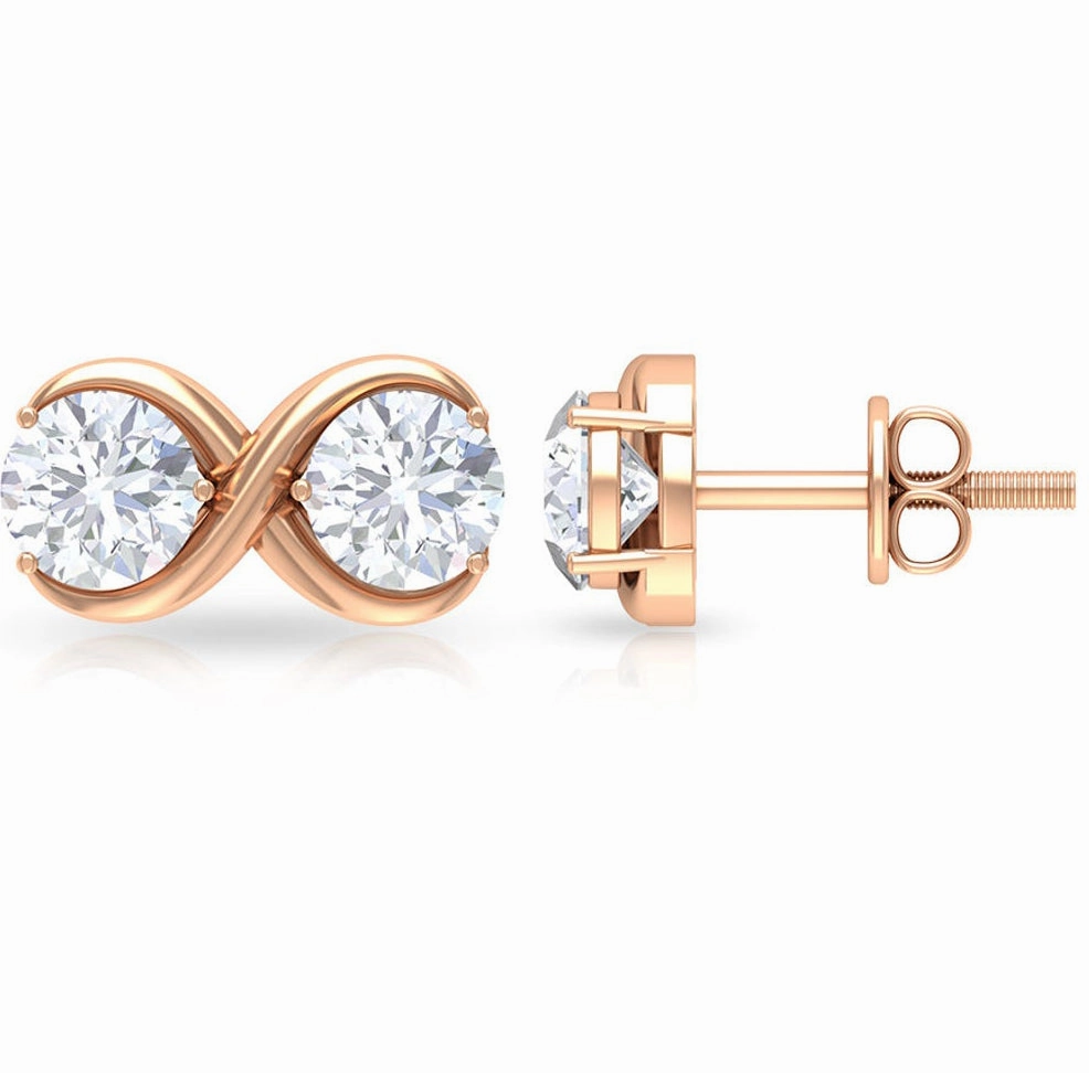 Twin Basket Set 1 Carat Round Certified Moissanite Infinity Stud Earrings with Screw Back in Rose Gold Iridescent Accessory
