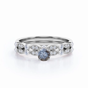 High-End Adornment Classic 0.60 Carat Round Cut Natural Salt And Pepper Diamond Art Deco Wedding Ring Set In White Gold.