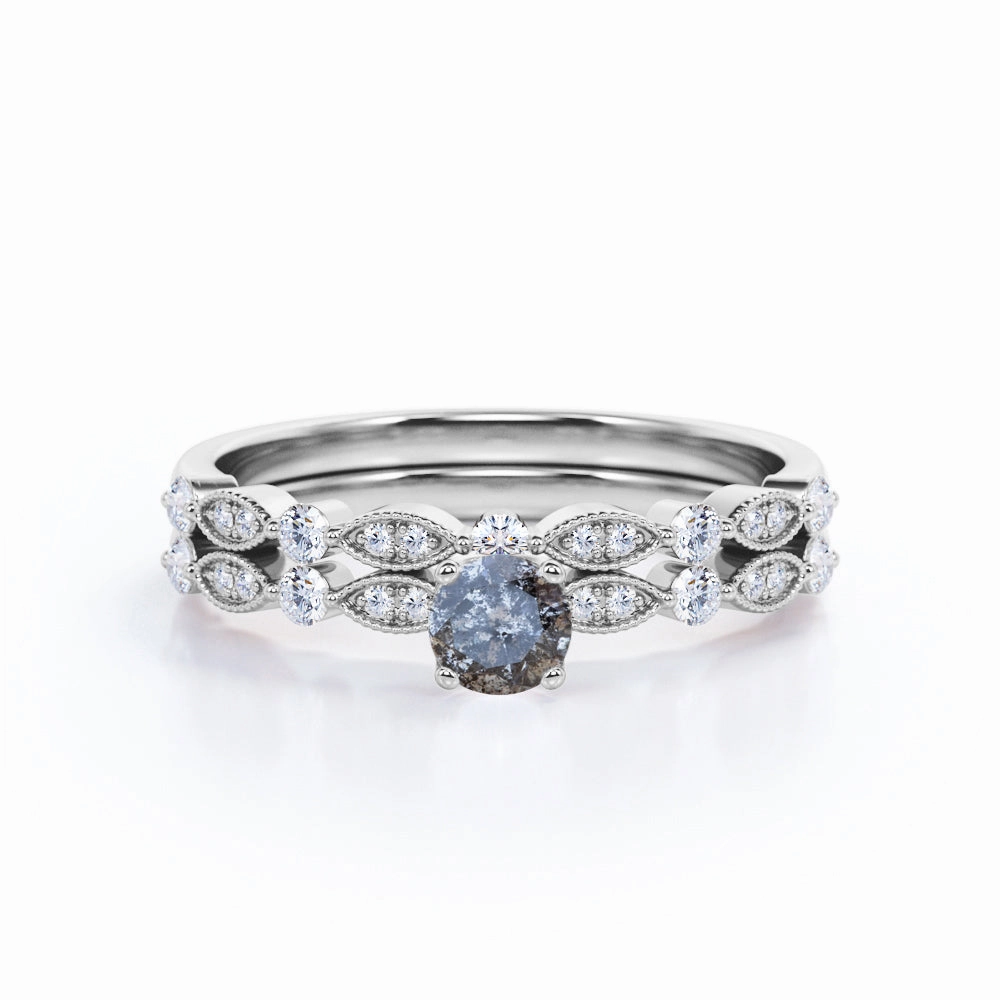 Signature Gift Classic 0.60 Carat Round Cut Natural Salt And Pepper Diamond Art Deco Wedding Ring Set In White Gold.