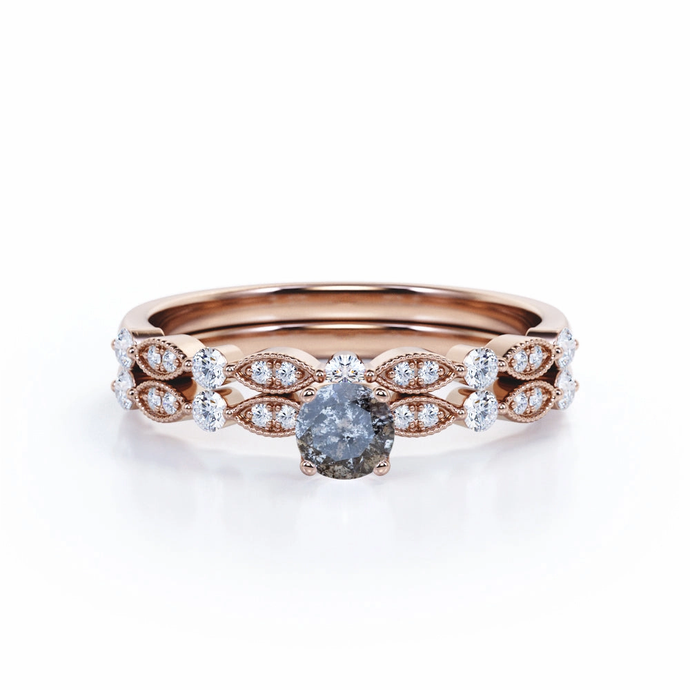 Artisan Jewelry Classic 0.60 Carat Round Cut Natural Salt And Pepper Diamond Art Deco Wedding Ring Set In White Gold.