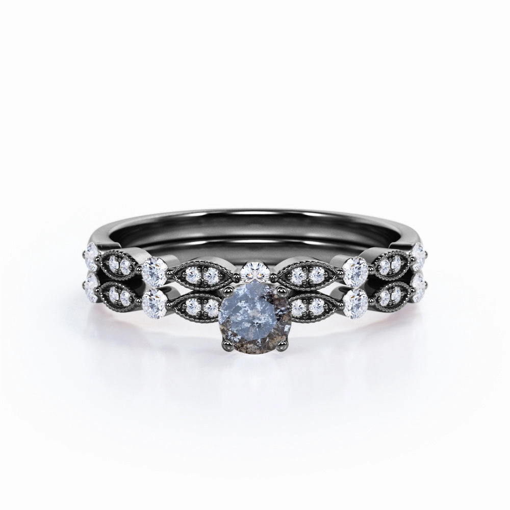 Excellent Article Classic 0.60 Carat Round Cut Natural Salt And Pepper Diamond Art Deco Wedding Ring Set In White Gold.