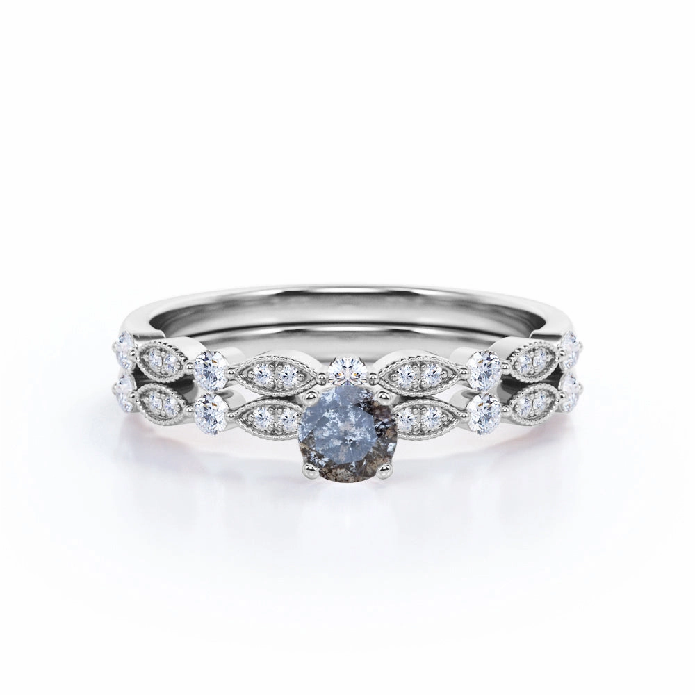 High-End Adornment Classic 0.60 Carat Round Cut Natural Salt And Pepper Diamond Art Deco Wedding Ring Set In White Gold.