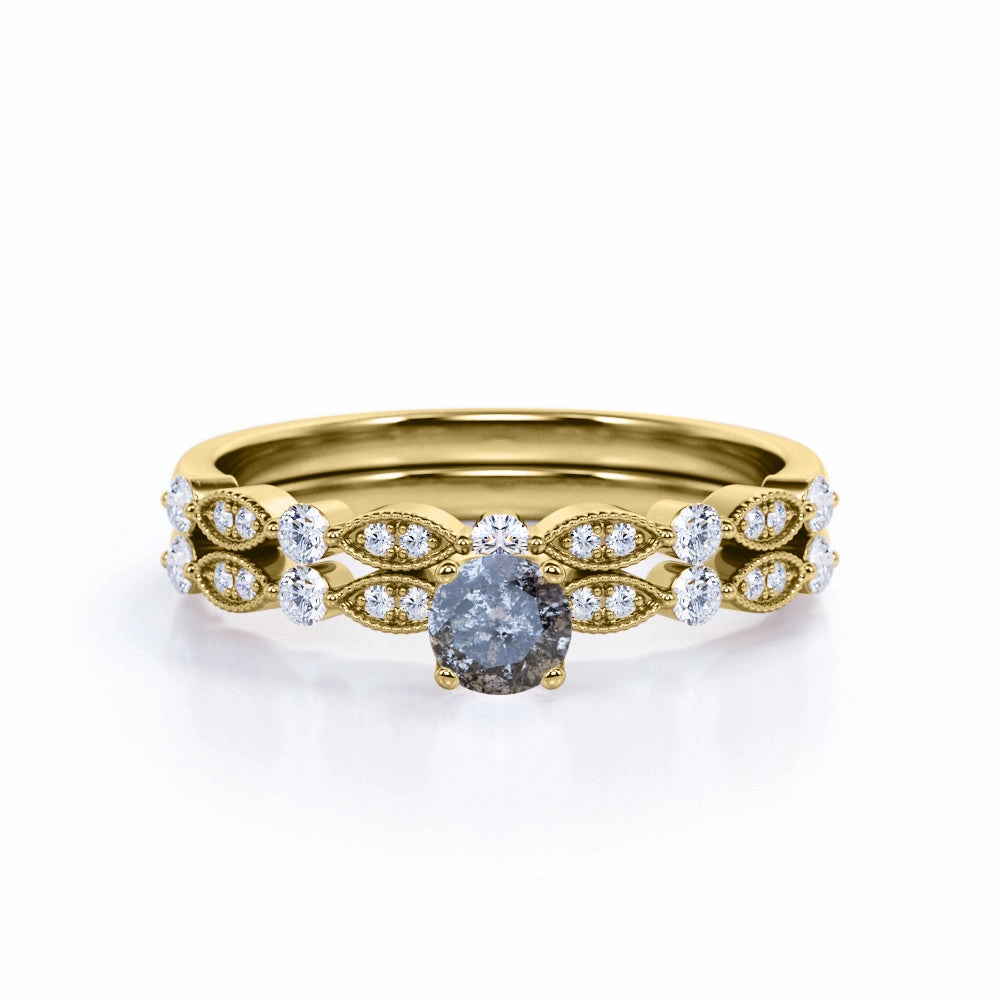 Luxury Bauble Sentimental Item Classic 0.60 Carat Round Cut Natural Salt And Pepper Diamond Art Deco Wedding Ring Set In White Gold.