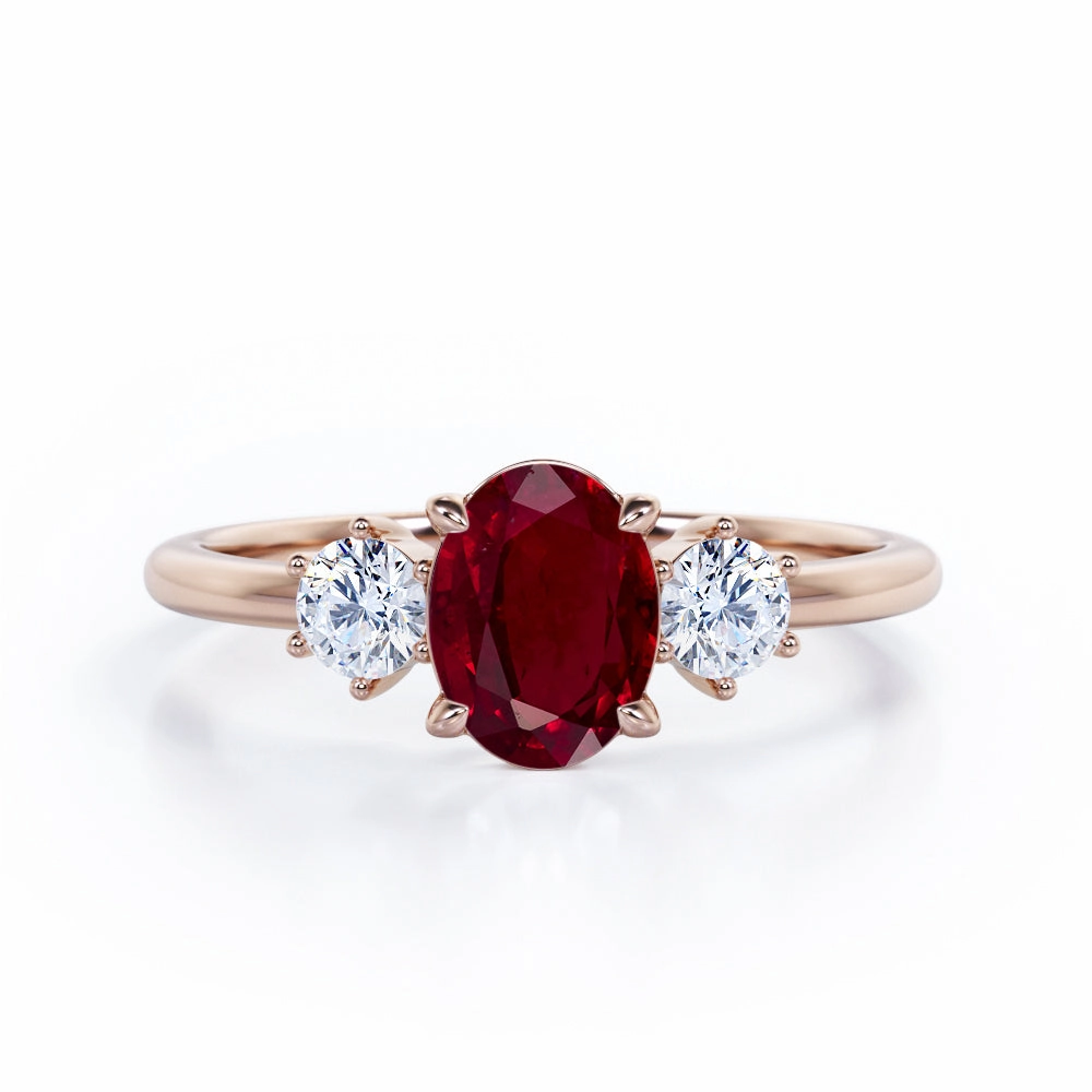Trio 0.80 ct Oval Lab-Created Ruby Engagement Ring Fashionable Object Youth Accent