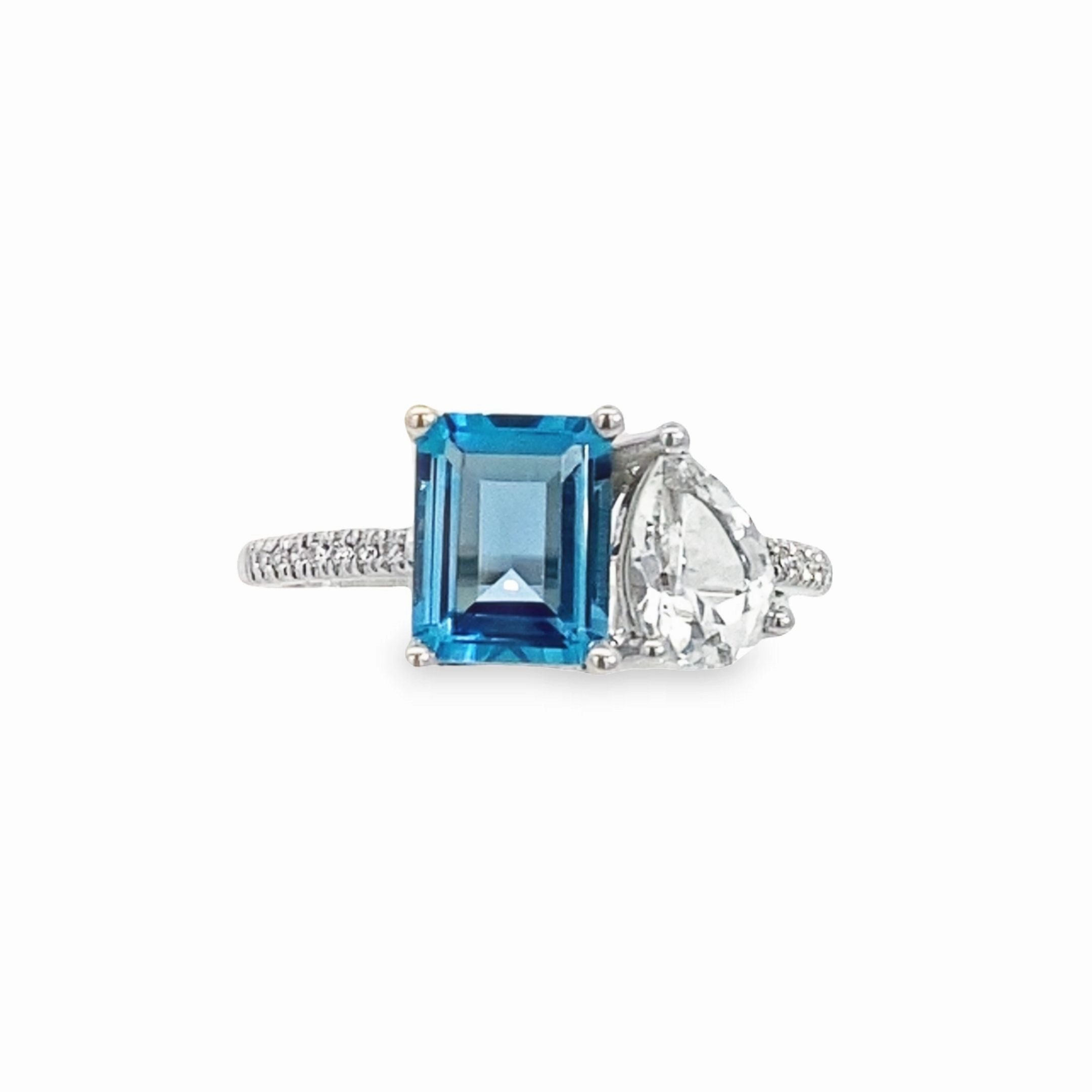 Textured Layers Premium Touch 14K White Gold Two-Stone Blue and White Topaz Diamond Ring
