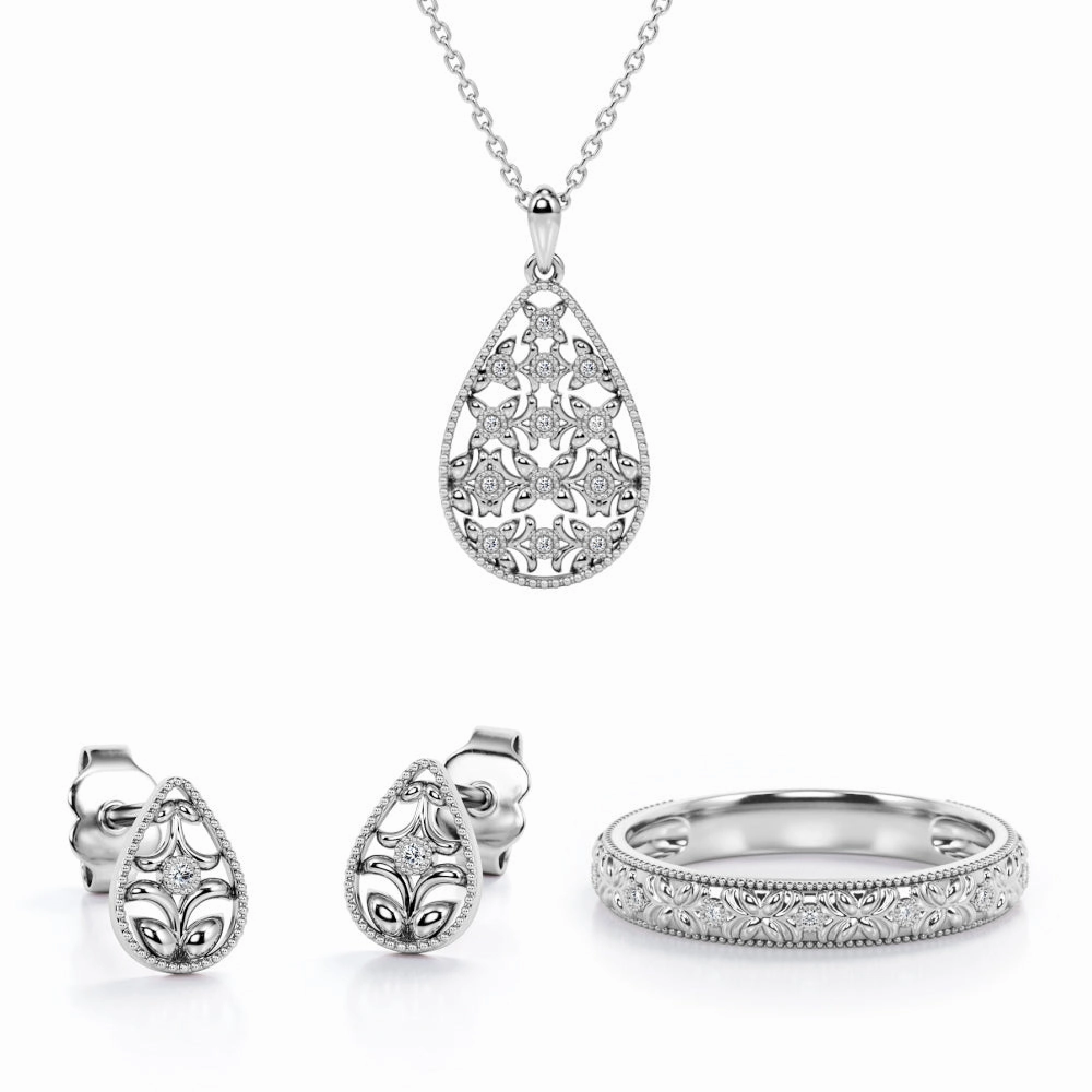 Low-Cost Adornment Gorgeous Look Sprout Filigree Jewelry Set 0.05 TCW Diamond with Pendant, Earrings & Ring