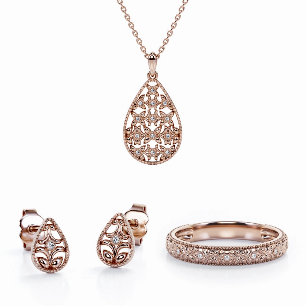 Assembly Required Sprout Filigree Jewelry Set 0.05 TCW Diamond with Pendant, Earrings & Ring