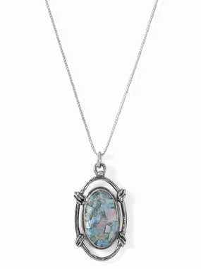 Roman Glass Necklace Oval Design Sterling Silver Holiday Style