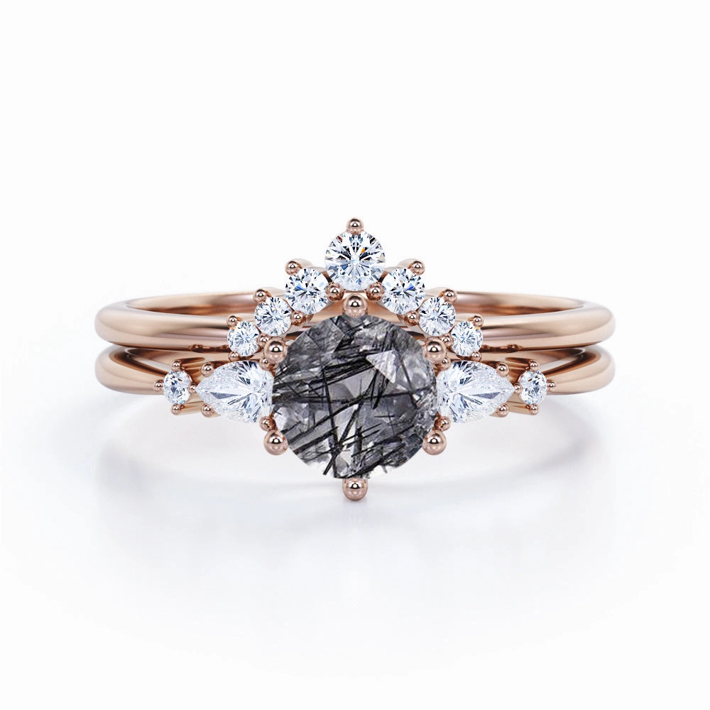 Creative Accessory Five Stone 1.35 ct Round Black Rutilated Quartz Chevron Bridal Set