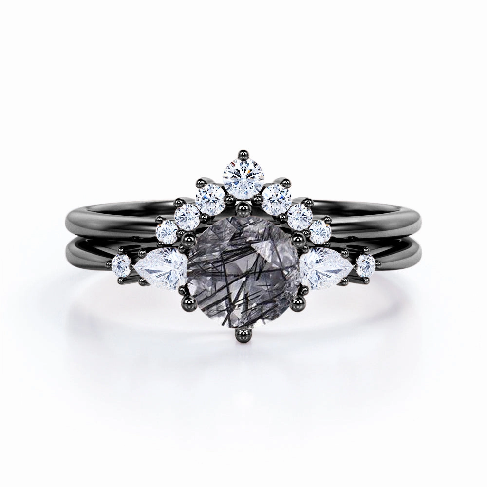 Unique Appearance Five Stone 1.35 ct Round Black Rutilated Quartz Chevron Bridal Set