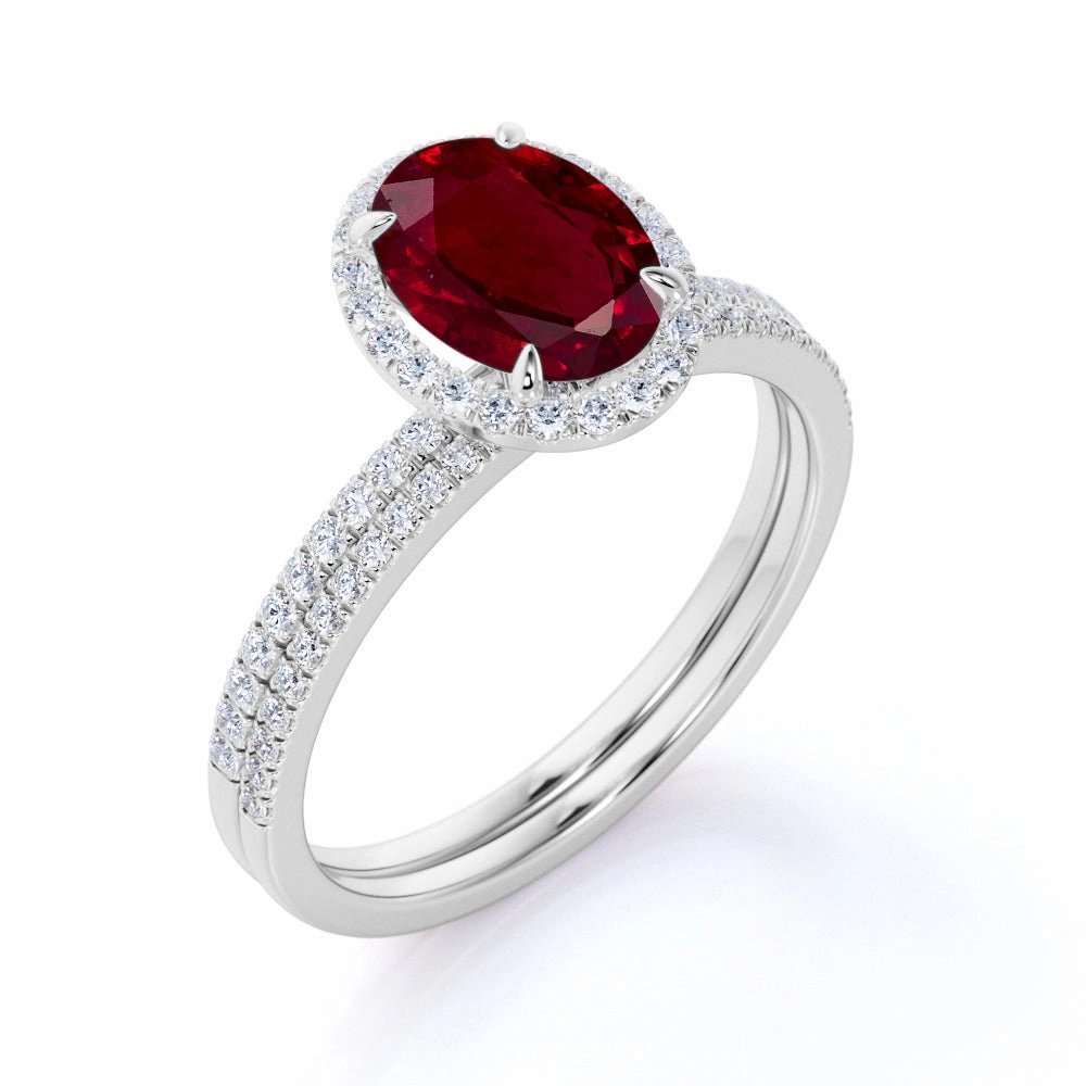 Pave 1.60 ct Oval Lab-Created Ruby Halo Bridal Set Economical Craft Personal Work
