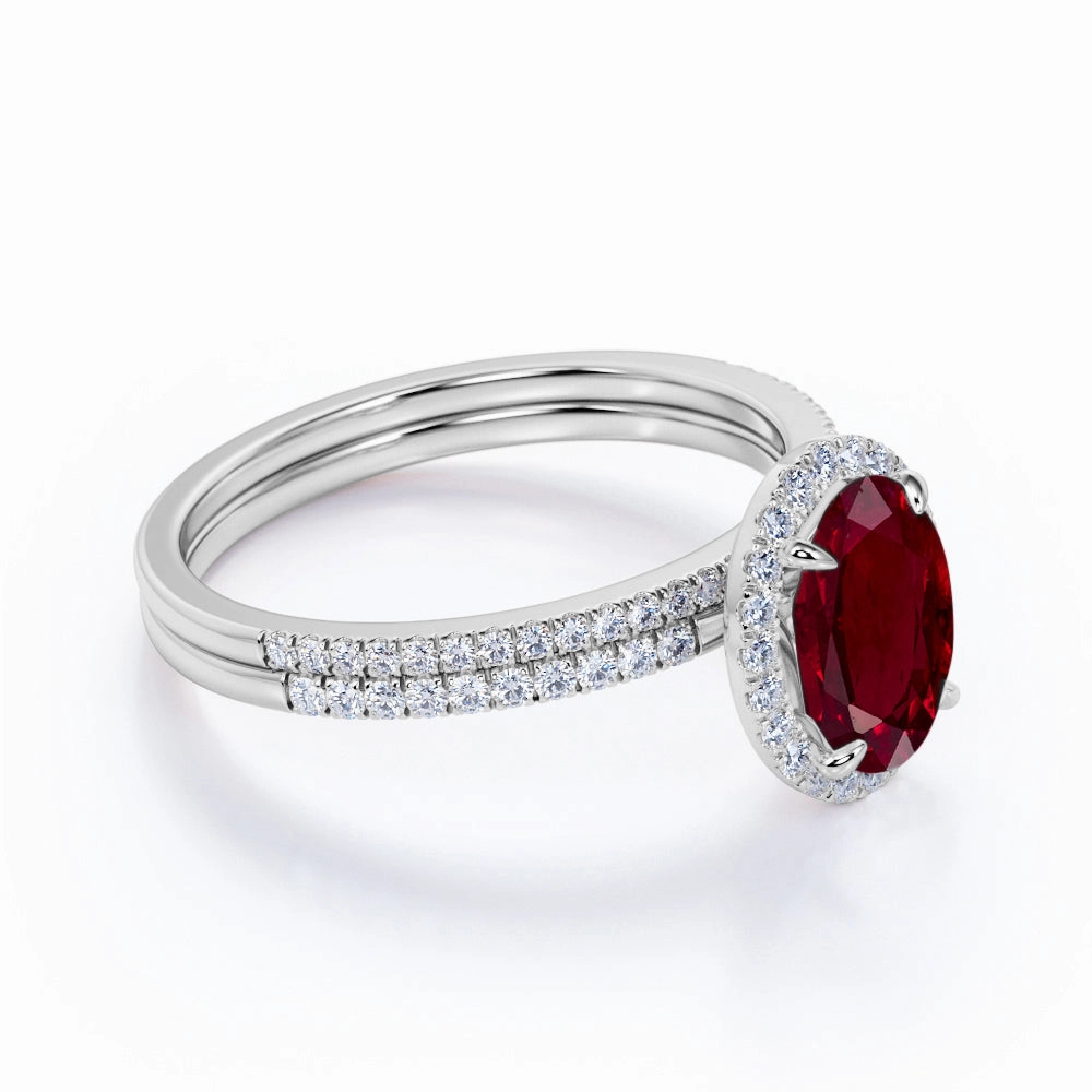 Sealed Edge Pave 1.60 ct Oval Lab-Created Ruby Halo Bridal Set
