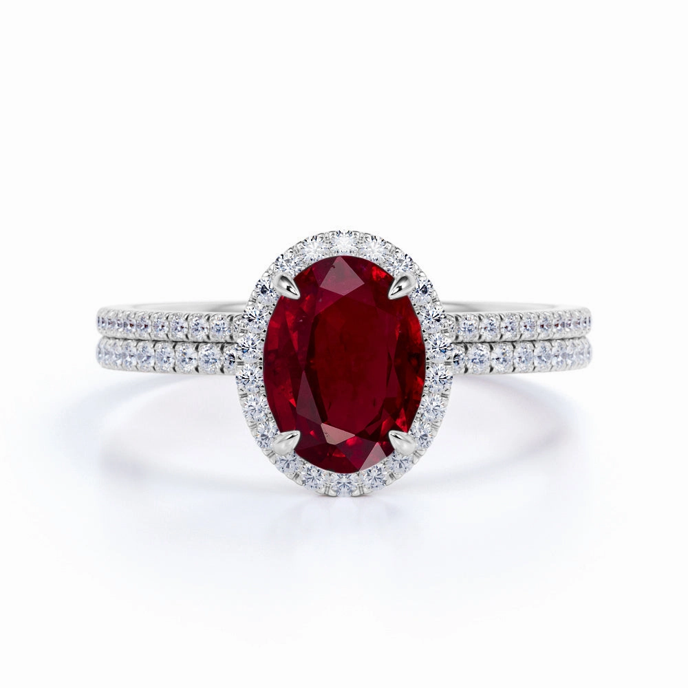 Pave 1.60 ct Oval Lab-Created Ruby Halo Bridal Set Investment Jewelry