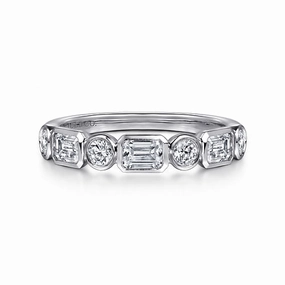 Elegant Spark Mirror Selfie 14K White Gold Bezel Set Emerald Cut and Round Diamond Anniversary Band