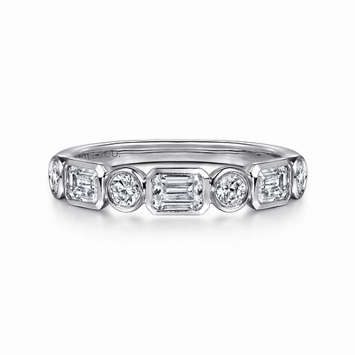 Elegant Spark Mirror Selfie 14K White Gold Bezel Set Emerald Cut and Round Diamond Anniversary Band