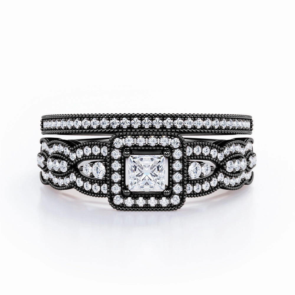 Glam Vibe Triple Curved Pave Band - 0.65 TCW Princess Cut Diamond - Milgrain Halo-Channel Bridal Set - 10K White Gold