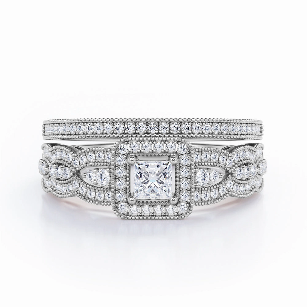 Minimalist Piece Designer Adornment Triple Curved Pave Band - 0.65 TCW Princess Cut Diamond - Milgrain Halo-Channel Bridal Set - 10K White Gold