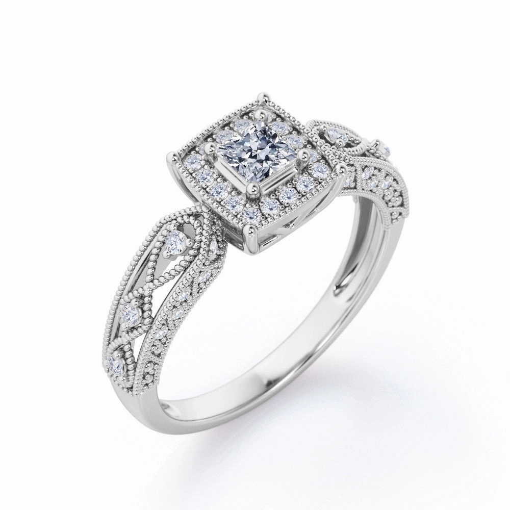 high-end design Rope Milgrain Decorated 0.5 TCW Princess Cut Diamond Halo-Channel Engagement Ring in 10K Rose Gold