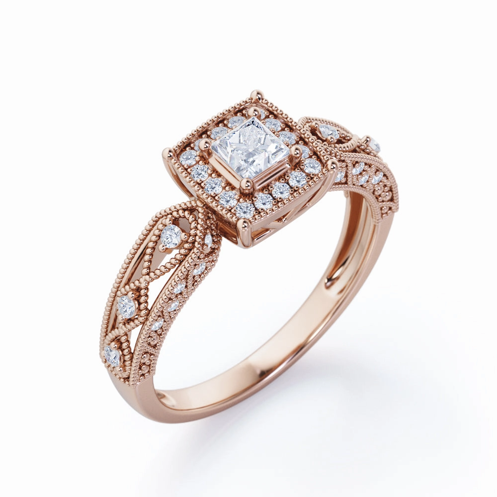 Exquisite Item Youth Accessory Rope Milgrain Decorated 0.5 TCW Princess Cut Diamond Halo-Channel Engagement Ring in 10K Rose Gold