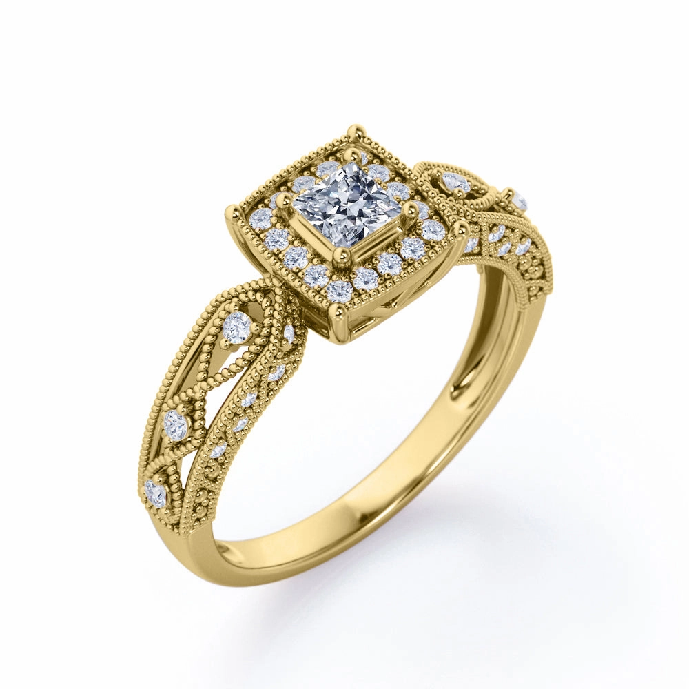 Rope Milgrain Decorated 0.5 TCW Princess Cut Diamond Halo-Channel Engagement Ring in 10K Rose Gold Representational Piece Best Seller