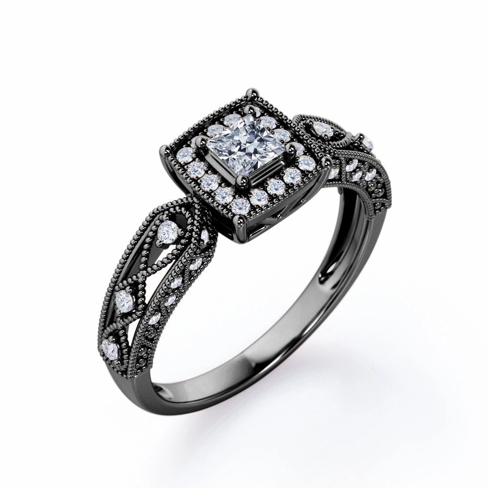 Rope Milgrain Decorated 0.5 TCW Princess Cut Diamond Halo-Channel Engagement Ring in 10K Rose Gold Excellent Symbol