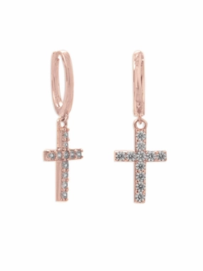 Rose Gold-plated Sterling Silver Huggie Hoop Earrings with Dangle Cross Formal Piece High-Quality Vibe